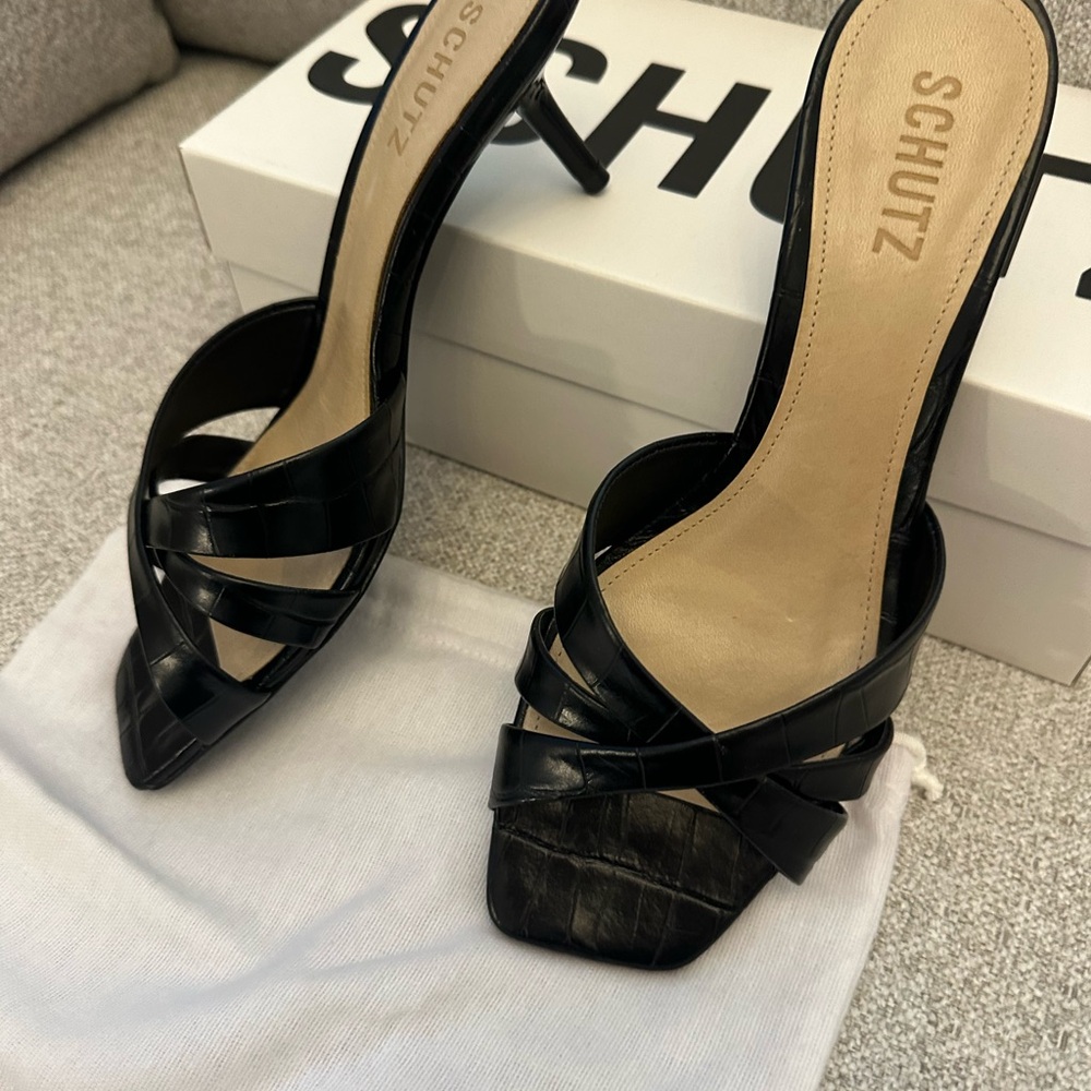 SCHUTZ Black Croc-Embossed Keefa Leather Mules New/ Box & Dustbag Size 8 60mm - Picture 7 of 11